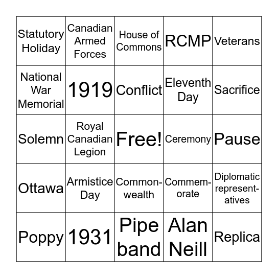 Remembrance Day Bingo Card