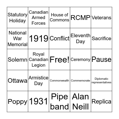 Remembrance Day Bingo Card