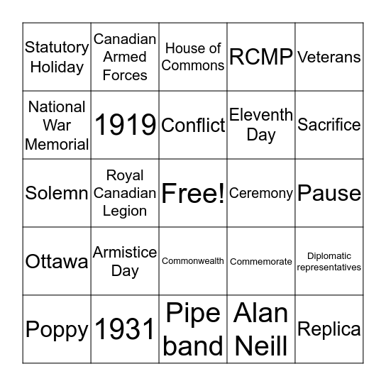 Remembrance Day Bingo Card