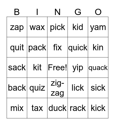 qu, -ck, x Bingo Card