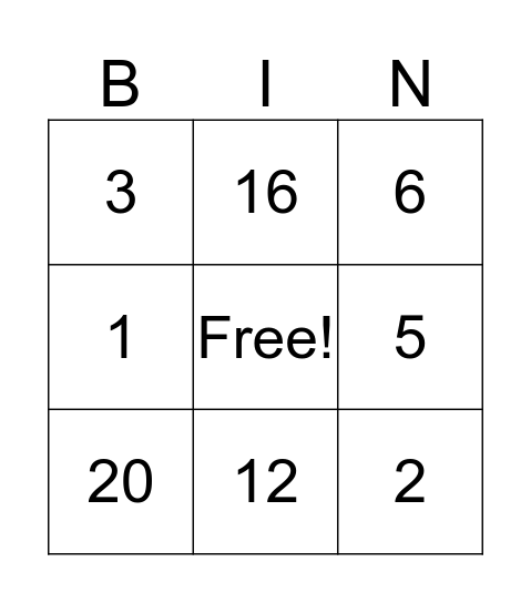 Bingo number fun  Bingo Card