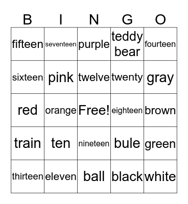 Numbers, Colors, Toys Bingo Card