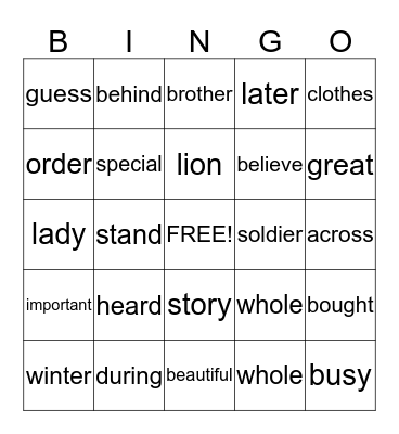 High Frequency Words  Bingo Card