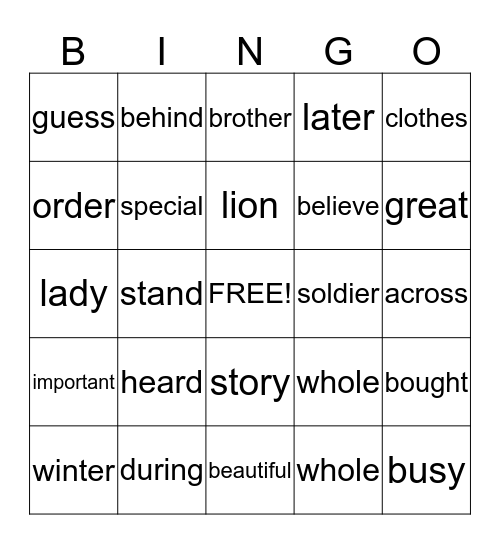 High Frequency Words  Bingo Card