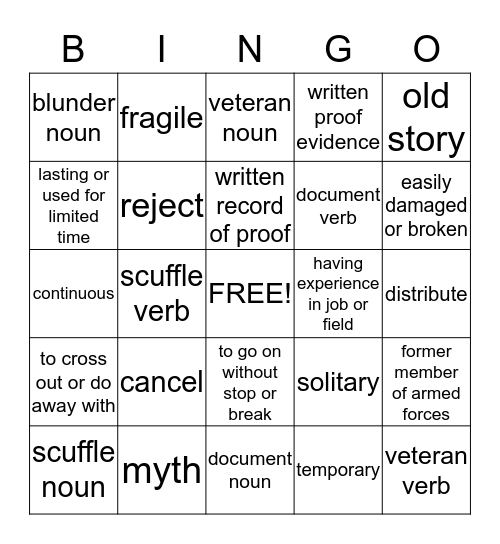 Vocabulary Bingo Card