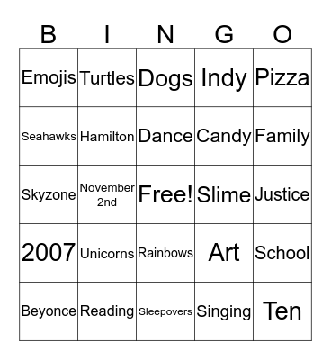 Maliya's 10th Birthday Bingo Card