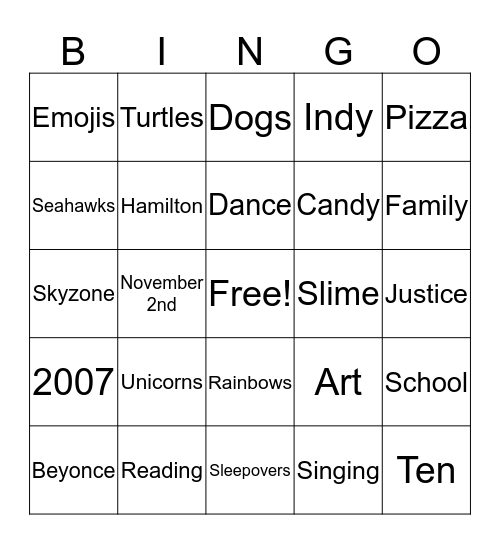 Maliya's 10th Birthday Bingo Card