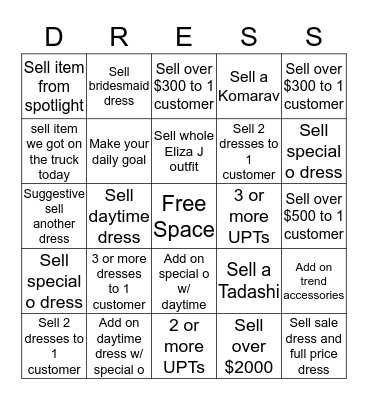 Dresses Saturday BINGO Card