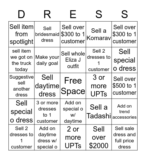 Dresses Saturday BINGO Card