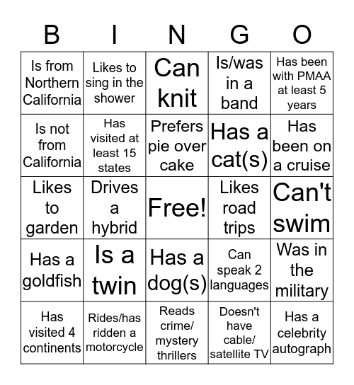 PMAA Bingo Card