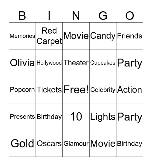 HOLLYWOOD MOVIE BINGO Card