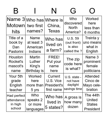 Diversity Bingo for co-workers Bingo Card