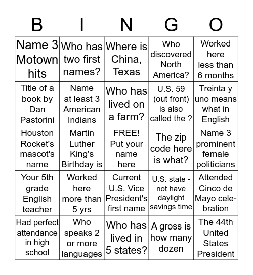 Diversity Bingo for co-workers Bingo Card