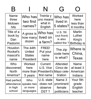Diversity Bingo for co-workers Bingo Card