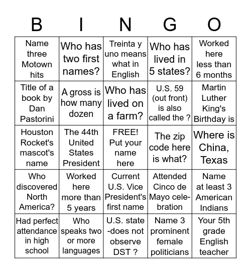 Diversity Bingo for co-workers Bingo Card