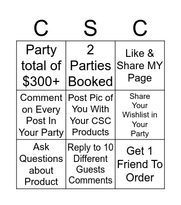 CSC Hostess Bingo Card