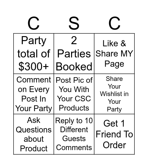 CSC Hostess Bingo Card