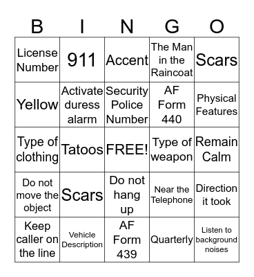 Quarterly Bomb Threat & Anti-Robbery Training Bingo Card