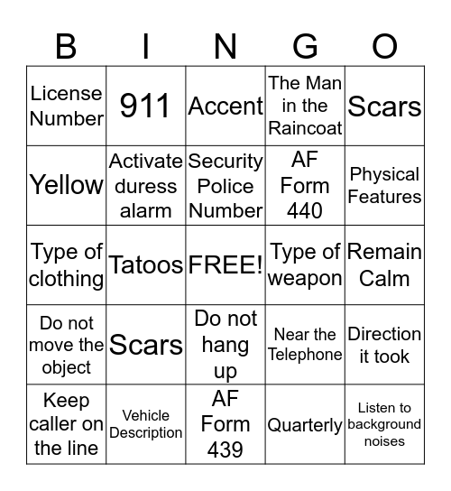 Quarterly Bomb Threat & Anti-Robbery Training Bingo Card
