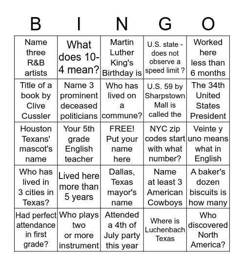Diversity Bingo for co-workers Bingo Card