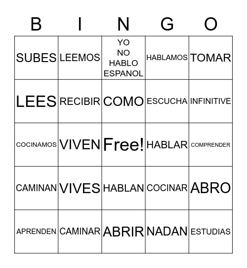 AR, ER, AND IR VERB BINGO Card