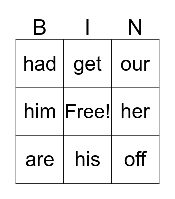 sight words Bingo Card