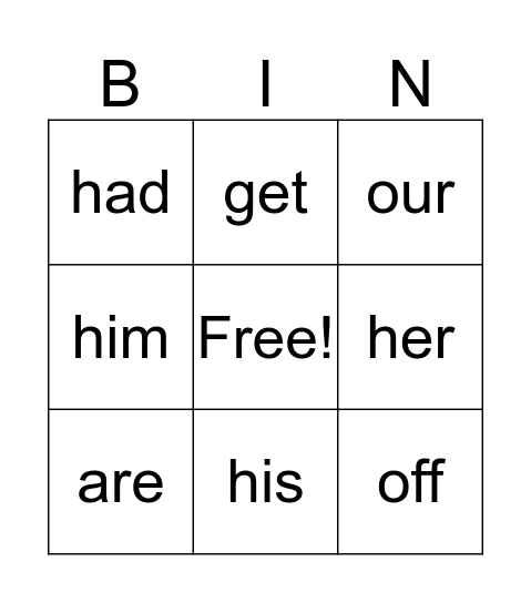 sight words Bingo Card
