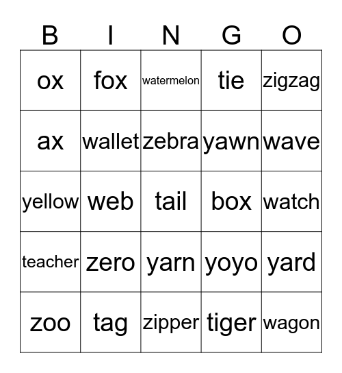 Phonics A  Bingo Card