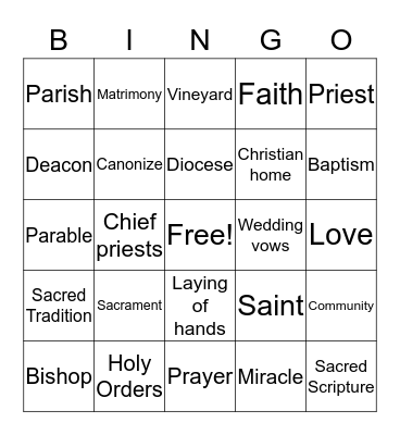6th grade Religious Education:  Let's Review! Bingo Card