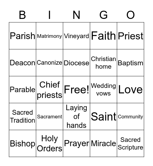 6th grade Religious Education:  Let's Review! Bingo Card