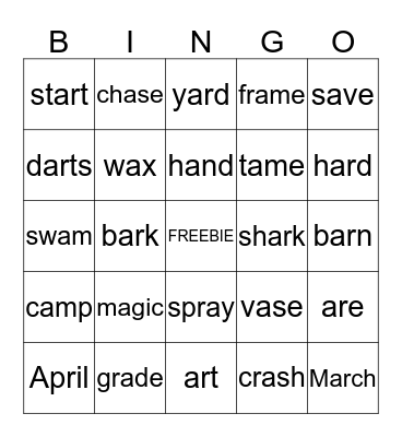 Long/Short a, r-Controlled a Words Bingo Card