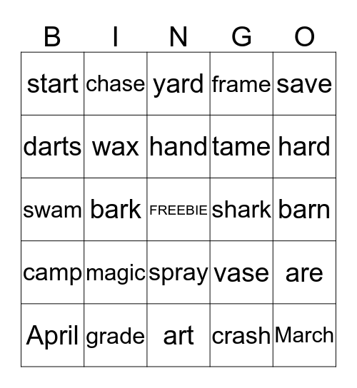 Long/Short a, r-Controlled a Words Bingo Card