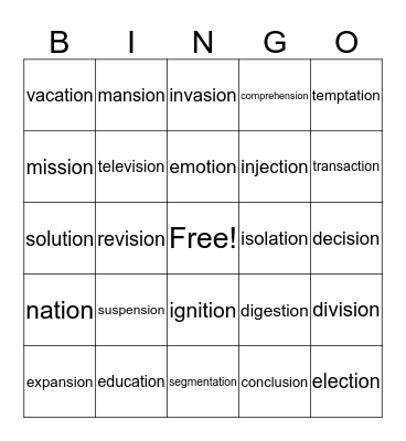 sion/tion Bingo Card