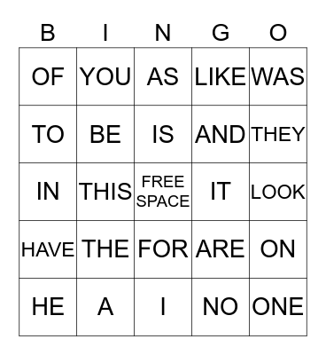 SIGHT WORD BINGO Card