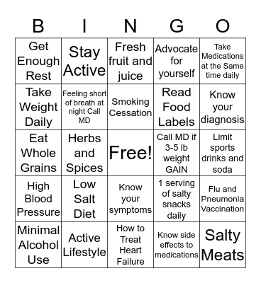 Healthy Heart for Heart Failure Bingo Card