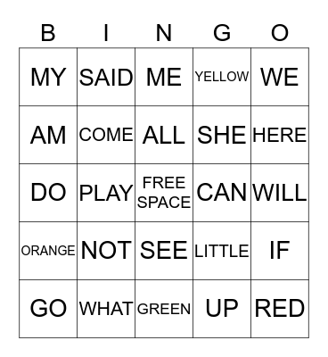 SIGHT WORD BINGO Card