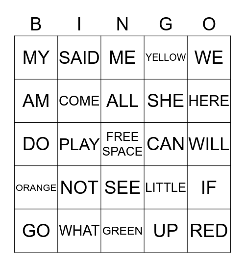 SIGHT WORD BINGO Card