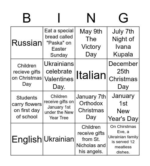 Ukraine Traditions, Celebrations & Language Spoken Bingo Card