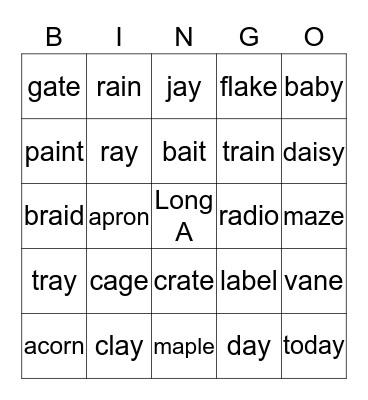 Long A Vowel Sounds Bingo Card