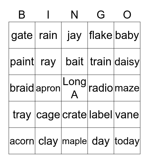 Long A Vowel Sounds Bingo Card