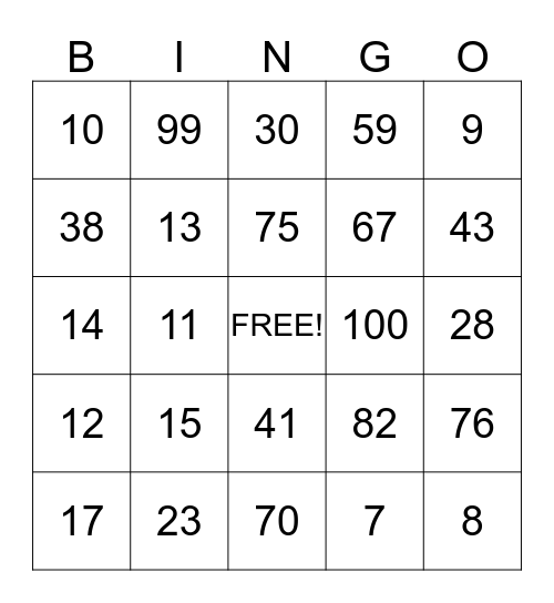 Numeros 0-100 Bingo Card