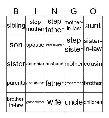 Family Members Bingo Card