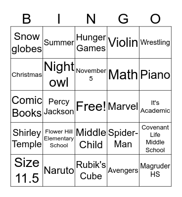 It's All About Zachary  Bingo Card