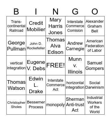 Industrial Revolution Bingo Card