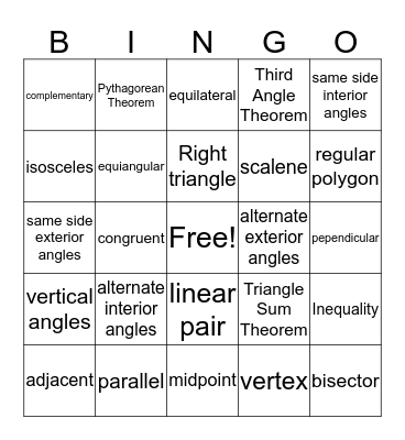 Geometry Bingo Card