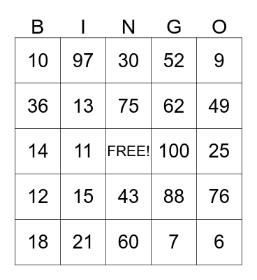 Numeros 0-100 Bingo Card