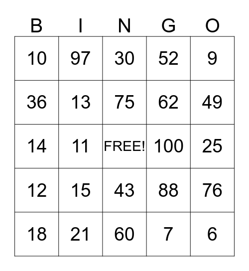 Numeros 0-100 Bingo Card