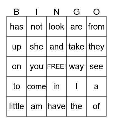 Sight Words Bingo Card