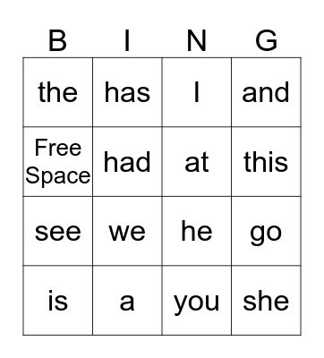 Sight Word Bingo Card