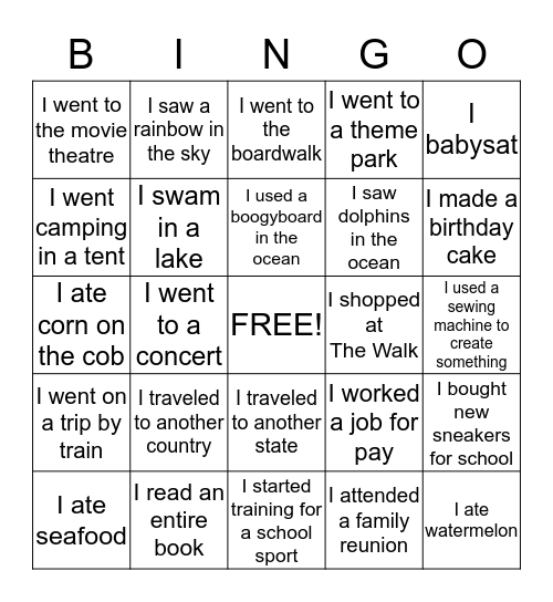 Getting To Know You-Summer Activities Bingo Card